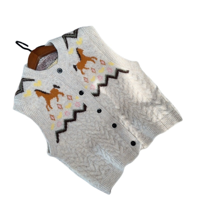 Horse Motif Cable Knit Button Sweater Vest - Apricot - 4