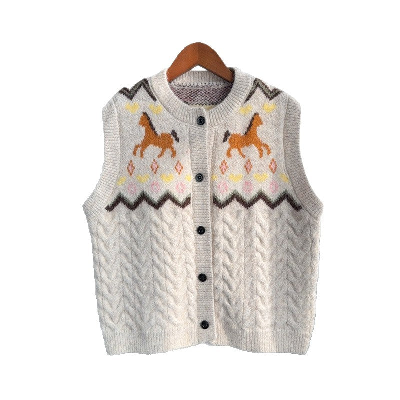 Horse Motif Cable Knit Button Sweater Vest - Apricot - 5
