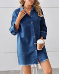 Frayed Hem Button Front Denim Shirt Dress - Dark-Blue