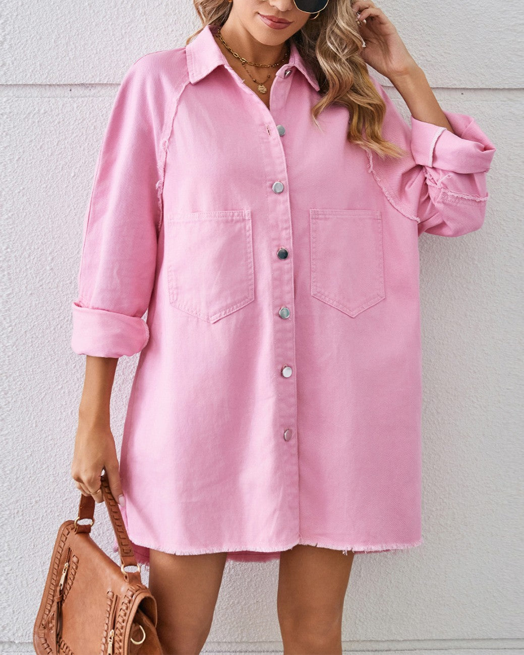 Frayed Hem Button Front Denim Shirt Dress - Pink - 1