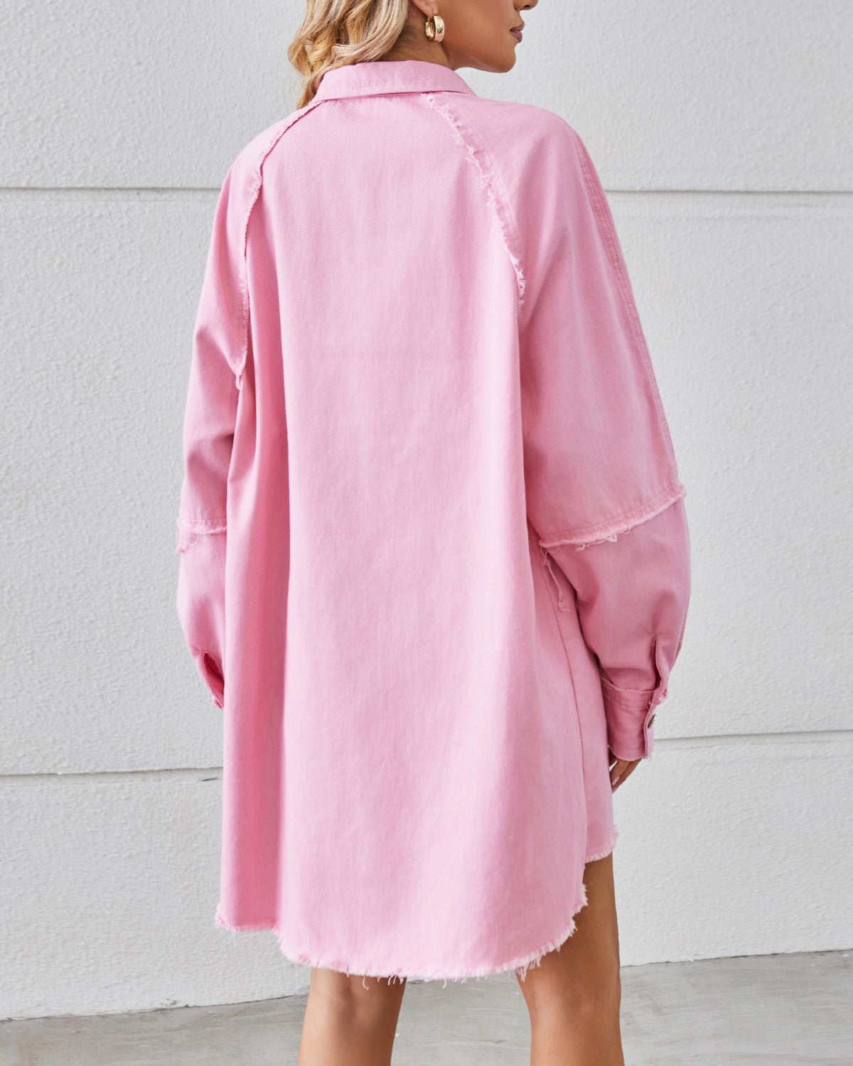 Frayed Hem Button Front Denim Shirt Dress - Pink - 2