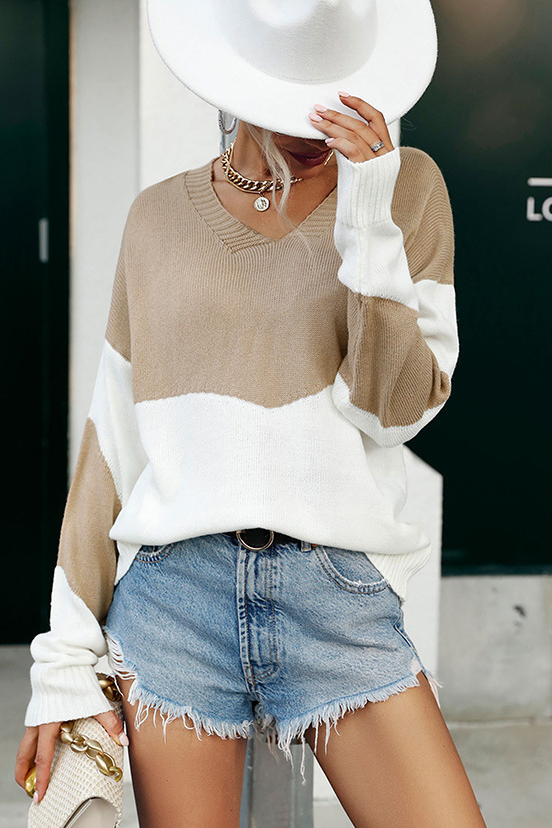 Chevron Colour Block V Neck Sweater - Khaki - 1
