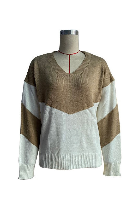 Chevron Colour Block V Neck Sweater - Khaki - 2