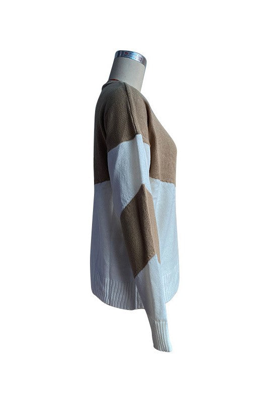 Chevron Colour Block V Neck Sweater - Khaki - 4