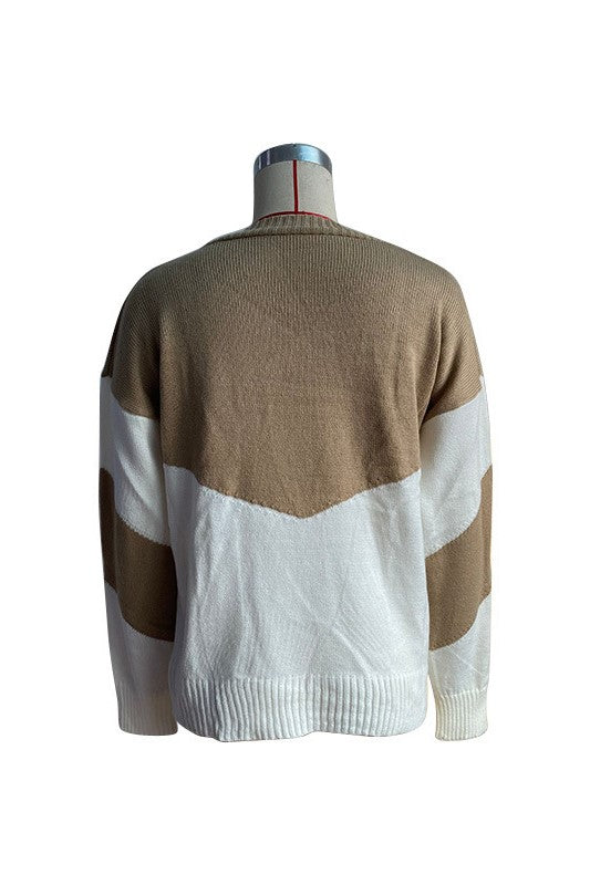 Chevron Colour Block V Neck Sweater - Khaki - 6