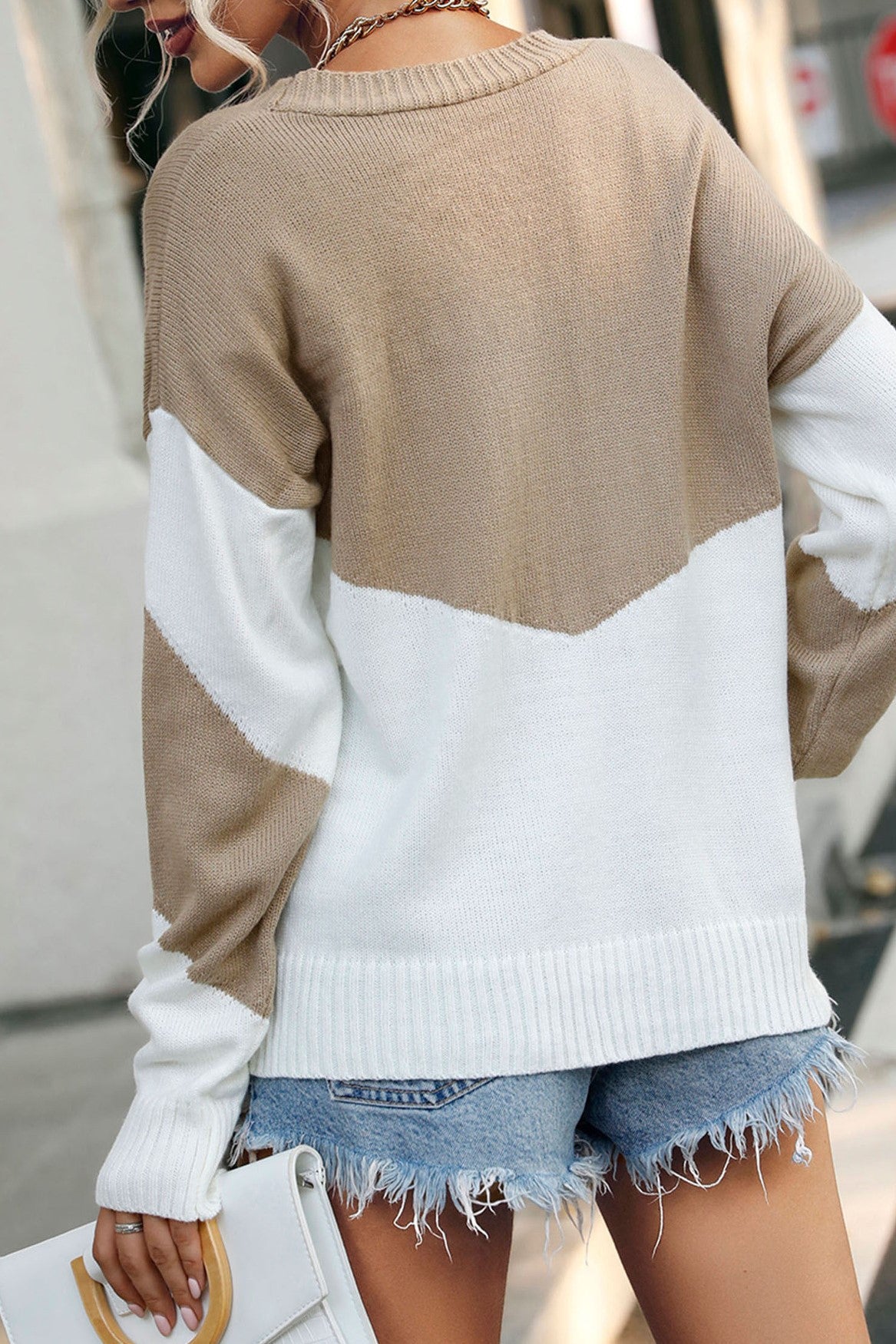 Chevron Colour Block V Neck Sweater - Khaki - 9