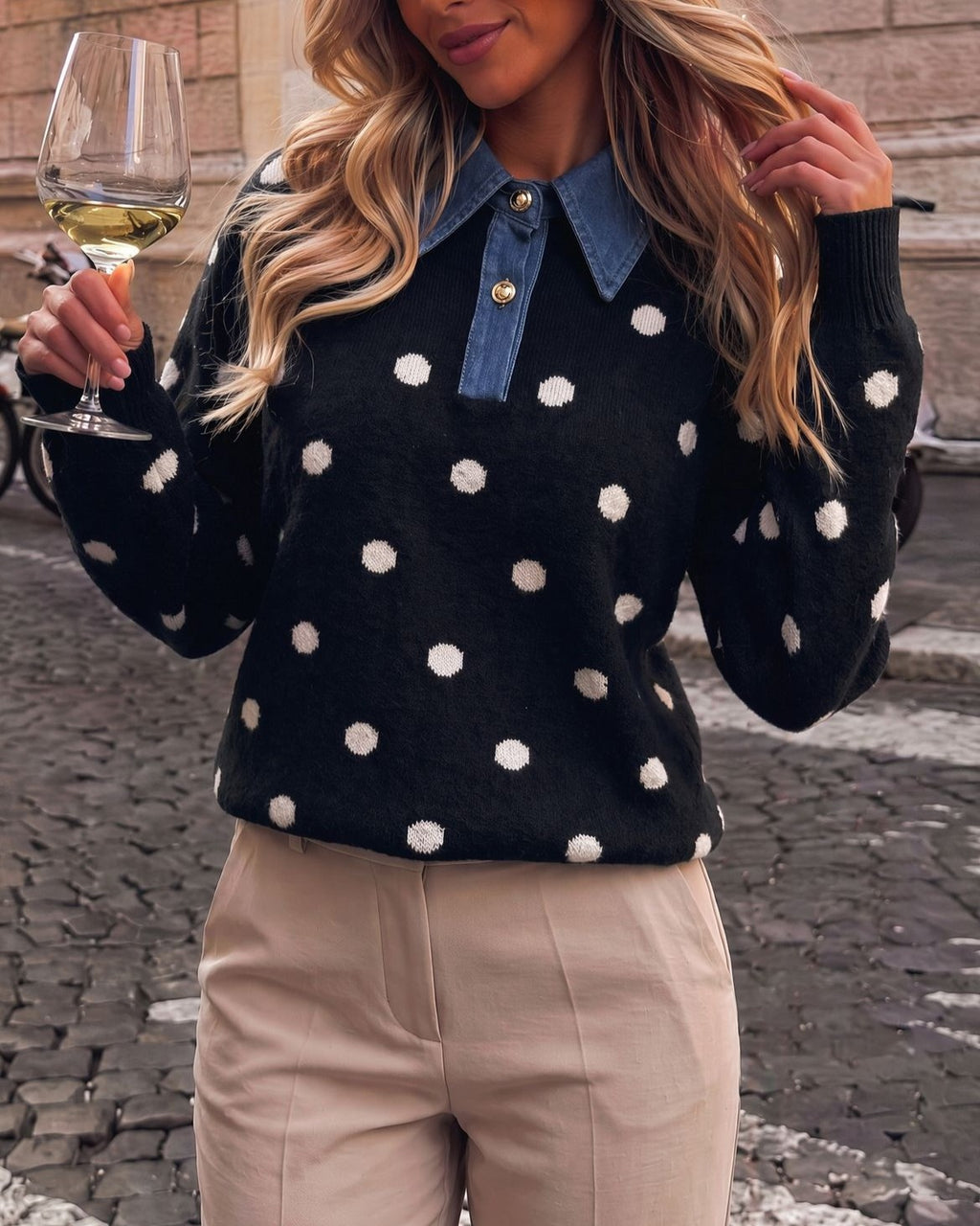 Polka Dot Knit Sweater With Denim Collar - Black