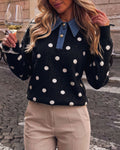Polka Dot Knit Sweater With Denim Collar - Black