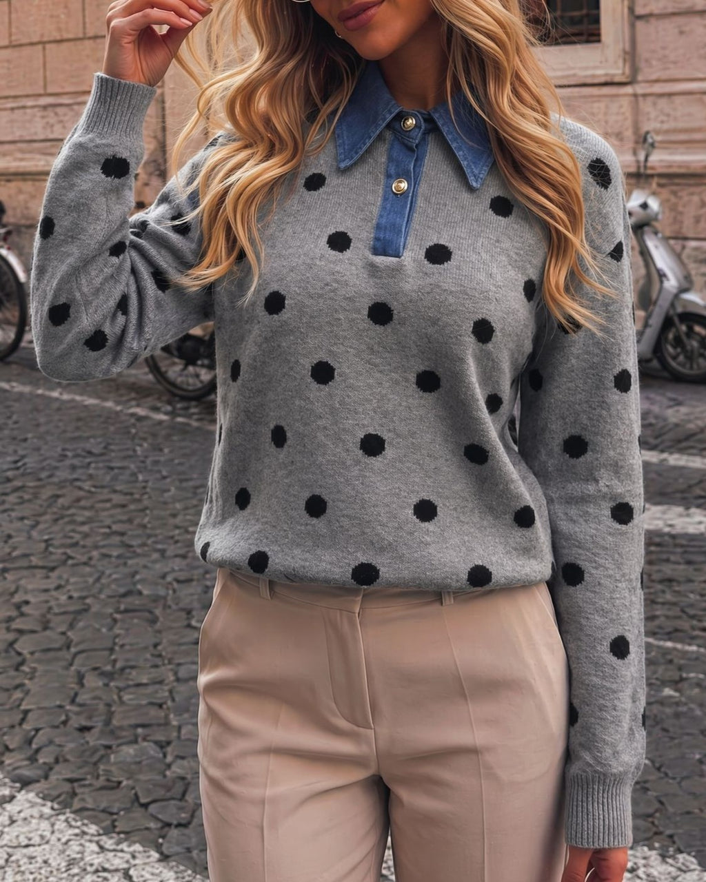 Polka Dot Knit Sweater With Denim Collar - Grey
