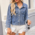 Beaded Diamond Lattice Cropped Denim Jacket - Blue