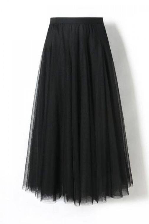 Layered Tulle Maxi Skirt With Elastic Waist - Black