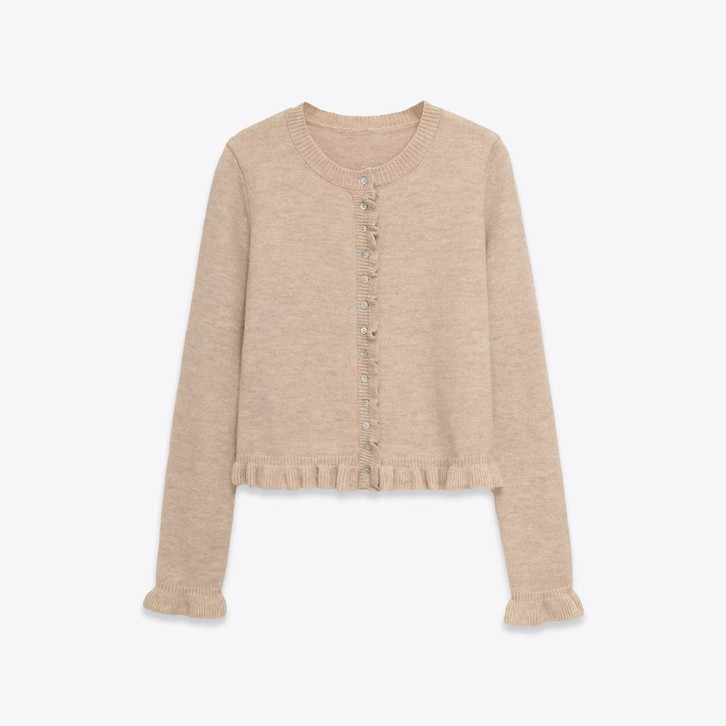Frill Hem Fine Knit Button Cardigan - Apricot