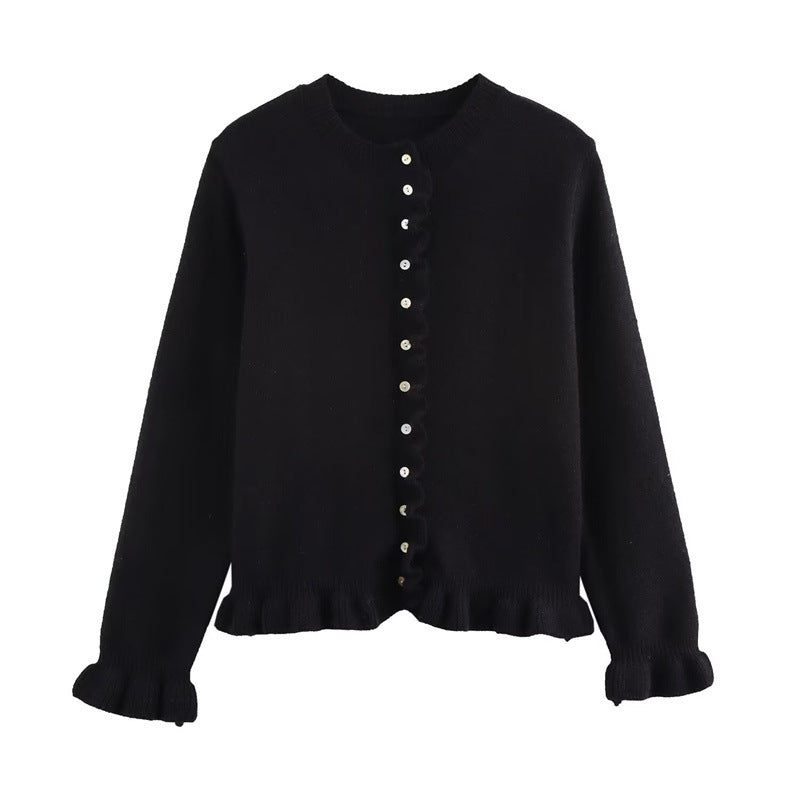 Frill Hem Fine Knit Button Cardigan - Black