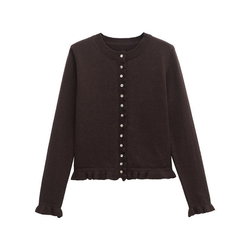 Frill Hem Fine Knit Button Cardigan - Brown