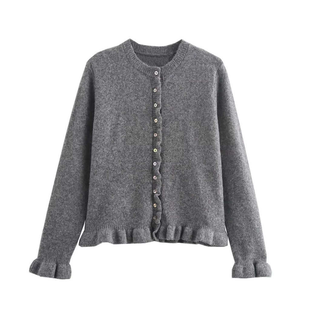 Frill Hem Fine Knit Button Cardigan - Grey