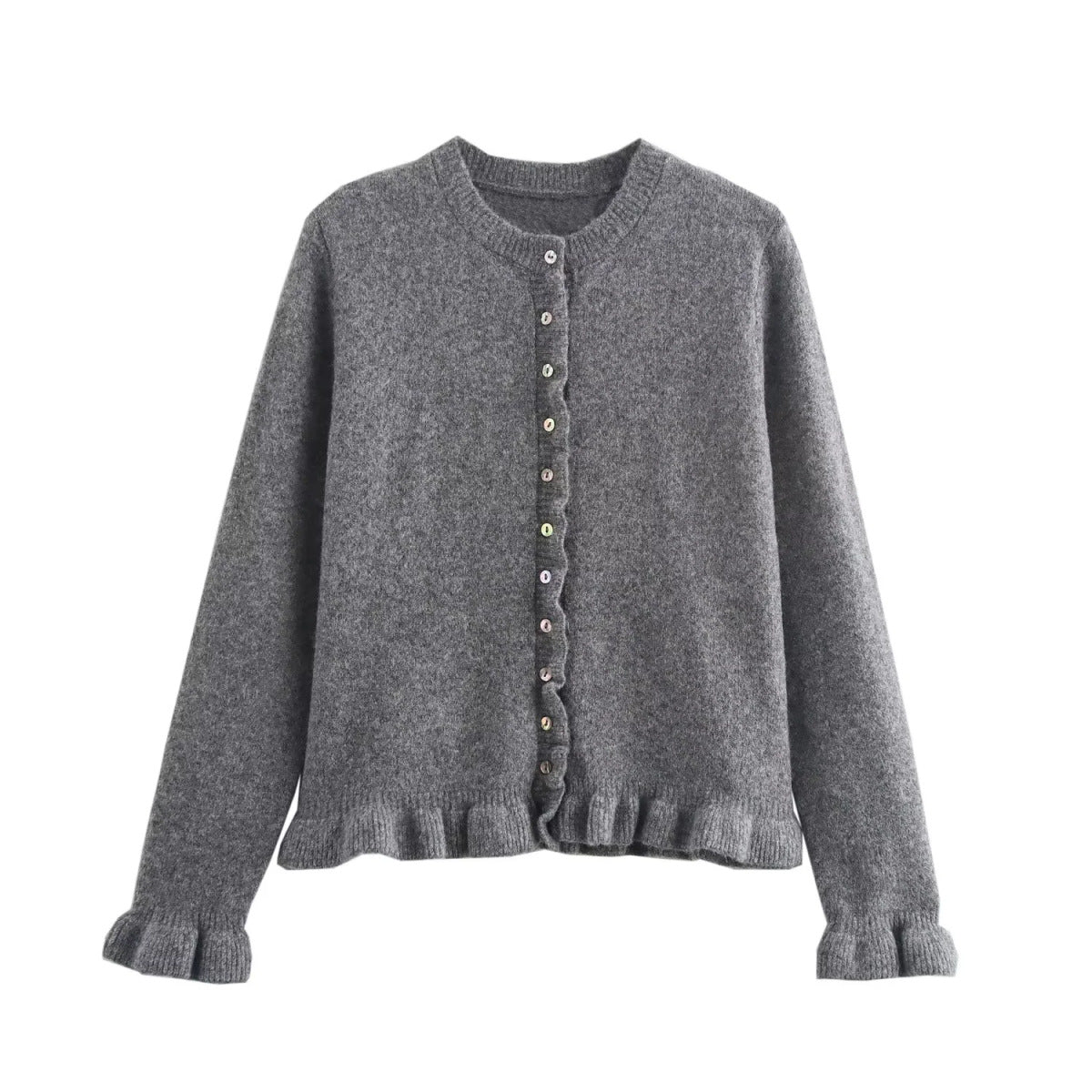 Frill Hem Fine Knit Button Cardigan - Grey