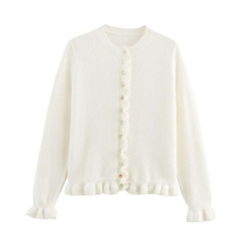 Frill Hem Fine Knit Button Cardigan - Ivory