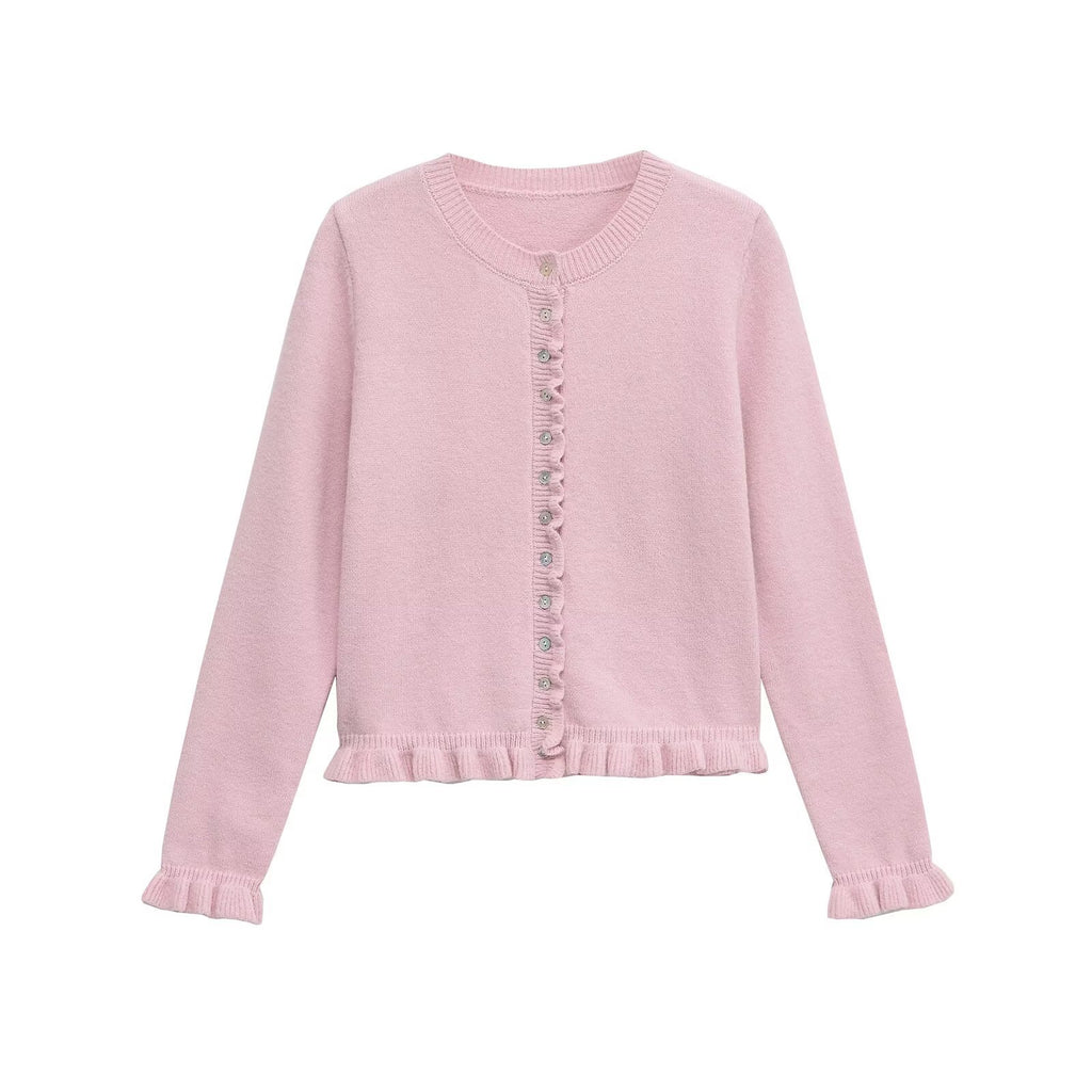 Frill Hem Fine Knit Button Cardigan - Pink