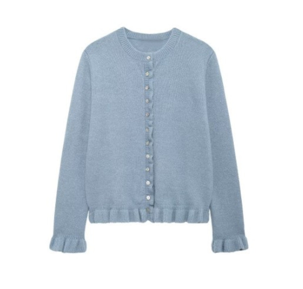 Frill Hem Fine Knit Button Cardigan - SkyBlue