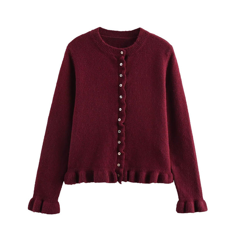 Frill Hem Fine Knit Button Cardigan - WineRed