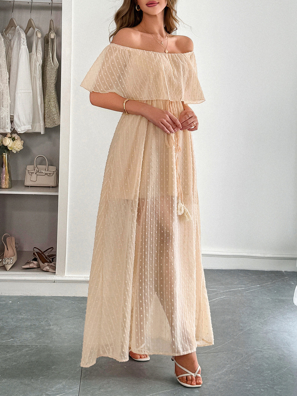 Off Shoulder Ruffle Swiss Dot Maxi Dress - Apricot