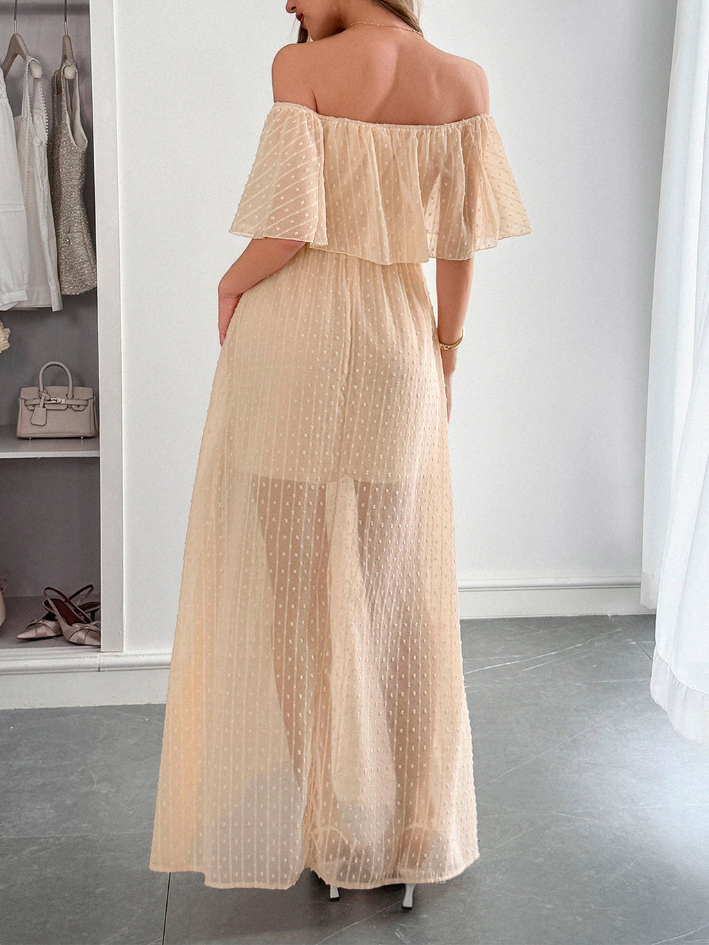 Off Shoulder Ruffle Swiss Dot Maxi Dress - Apricot - 1