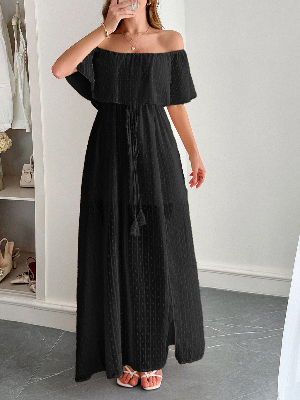 Off Shoulder Ruffle Swiss Dot Maxi Dress - Black