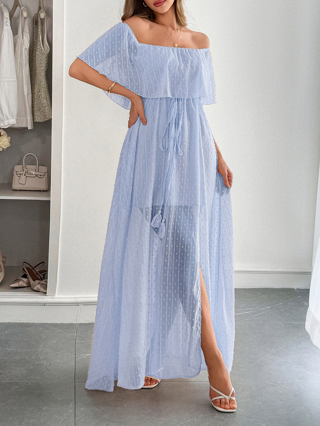 Off Shoulder Ruffle Swiss Dot Maxi Dress - Blue