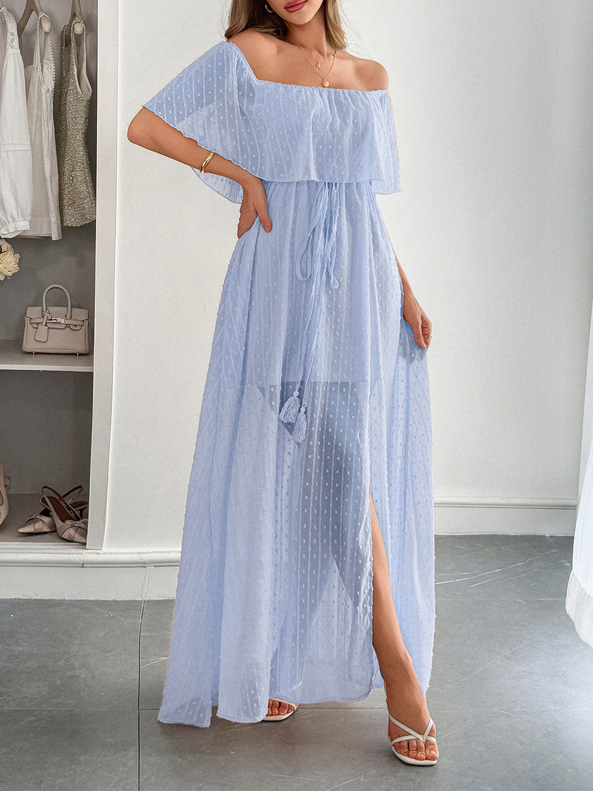 Off Shoulder Ruffle Swiss Dot Maxi Dress - Blue