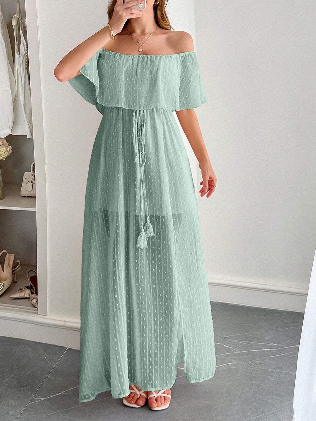 Off Shoulder Ruffle Swiss Dot Maxi Dress - Green