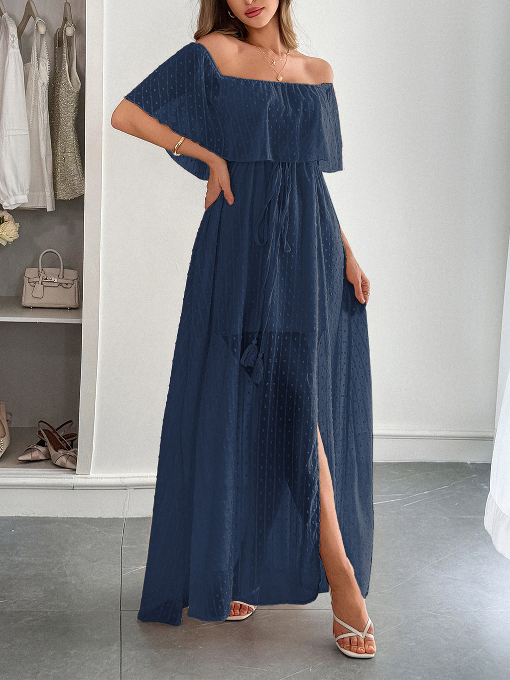 Off Shoulder Ruffle Swiss Dot Maxi Dress - Navyblue