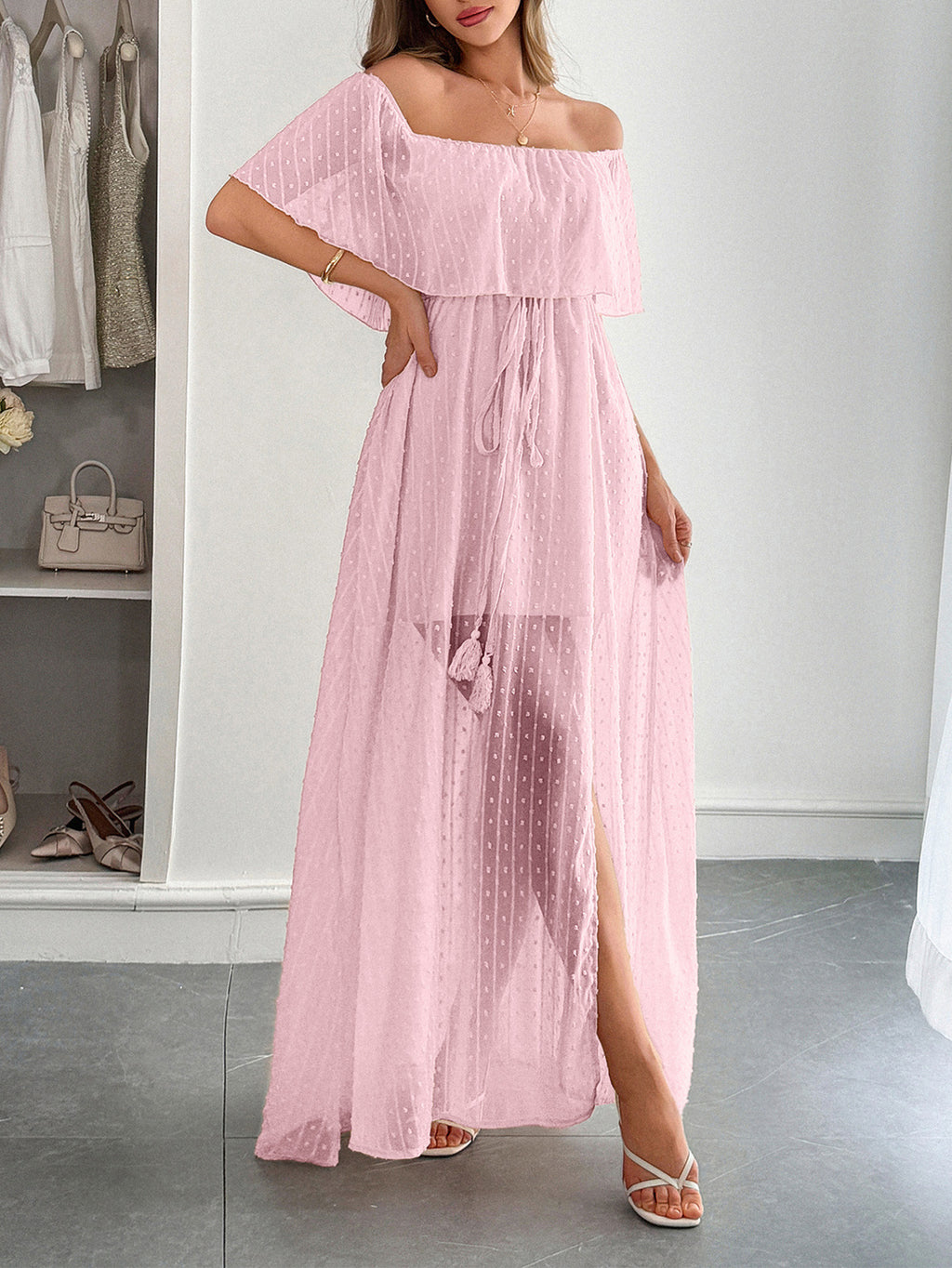 Off Shoulder Ruffle Swiss Dot Maxi Dress - Pink