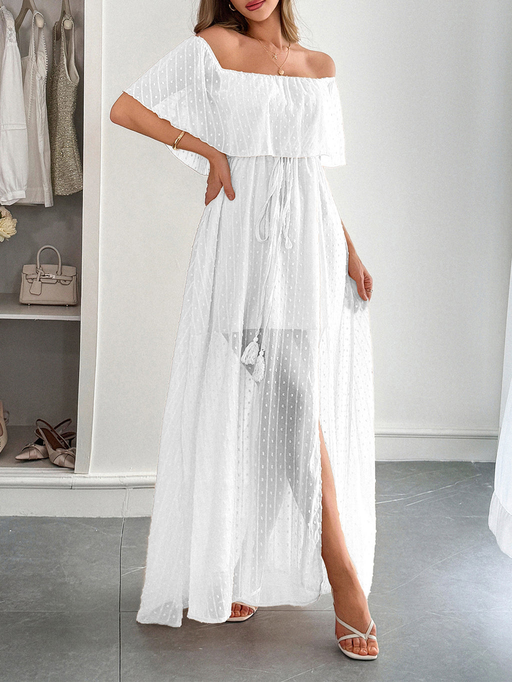 Off Shoulder Ruffle Swiss Dot Maxi Dress - White