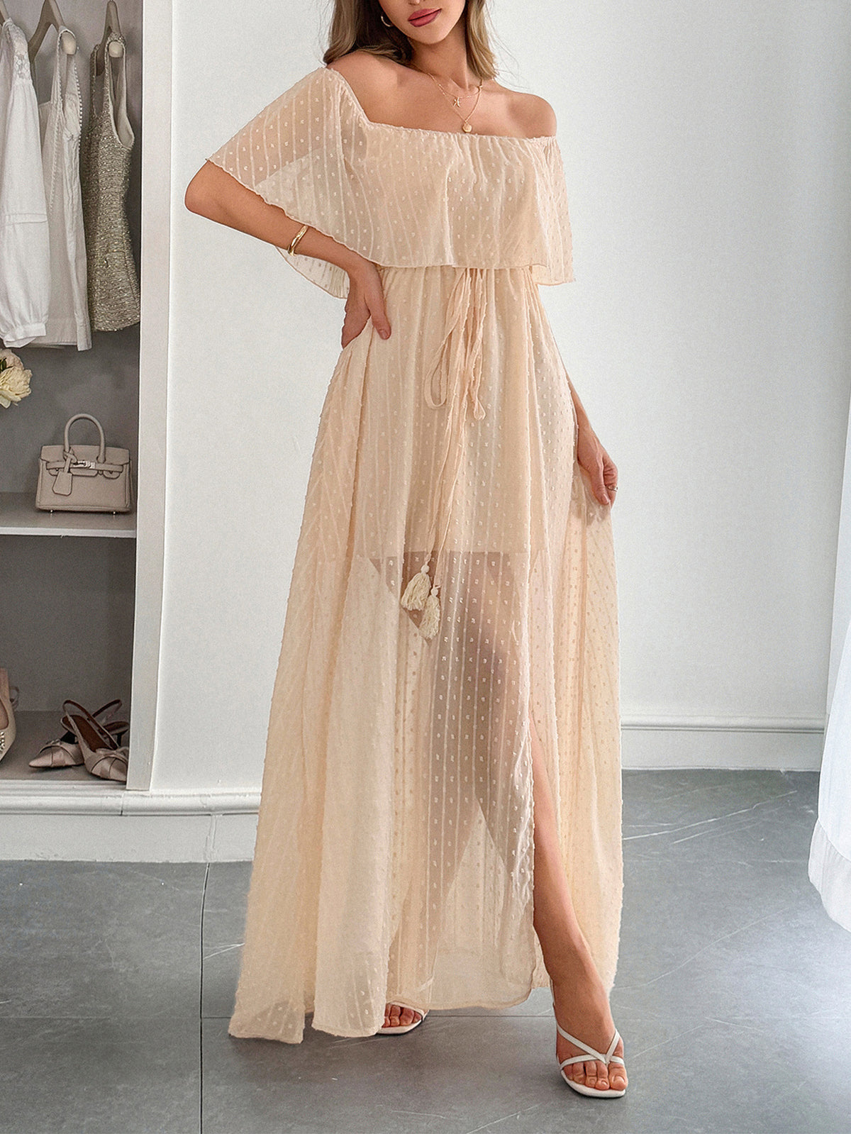 Off Shoulder Ruffle Swiss Dot Maxi Dress