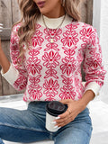Retro Floral Jacquard Mock Neck Sweater - Red