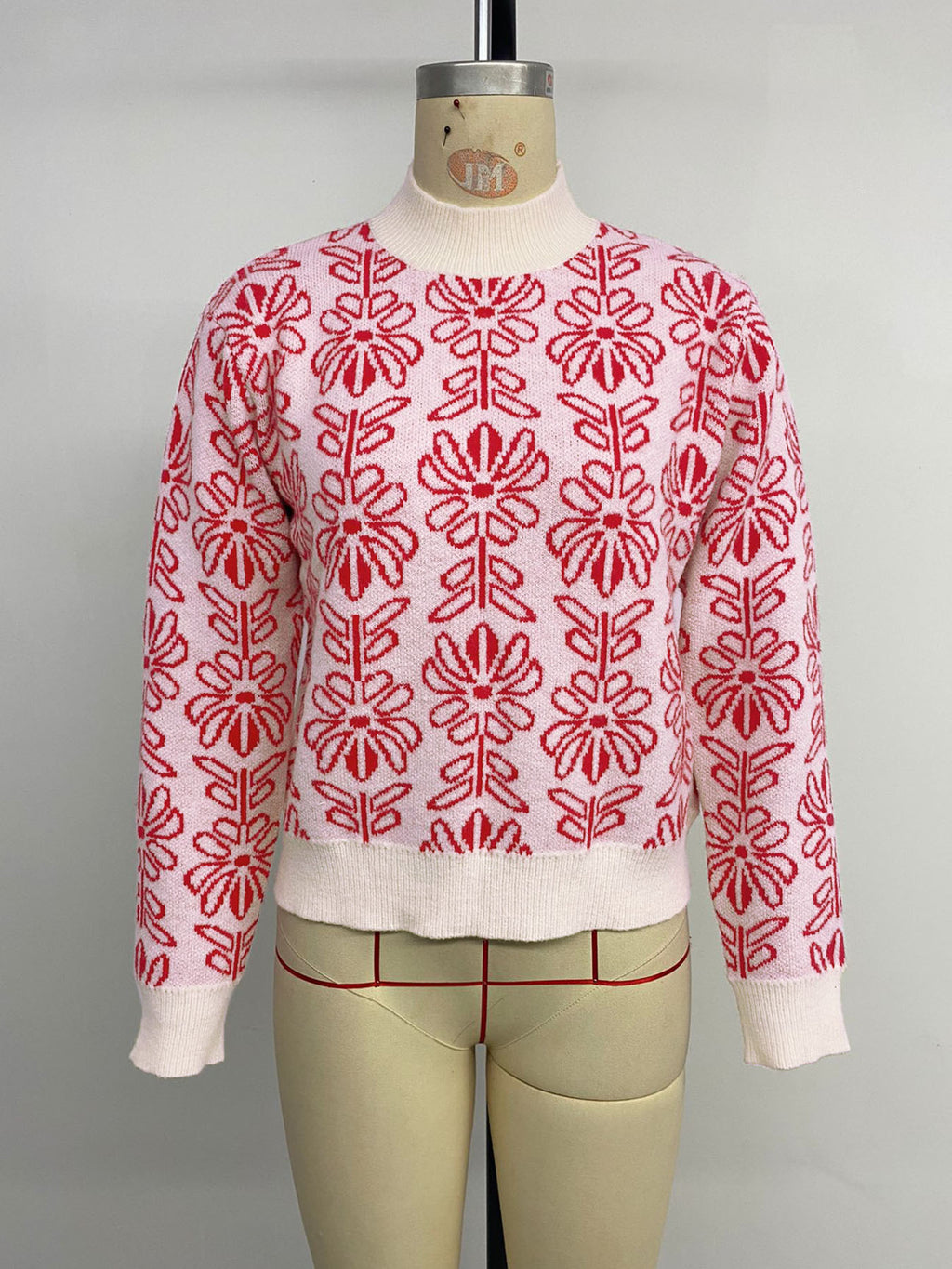 Retro Floral Jacquard Mock Neck Sweater - Red - 1