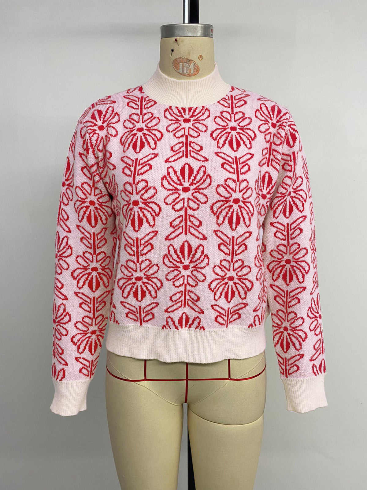 Retro Floral Jacquard Mock Neck Sweater - Red - 1