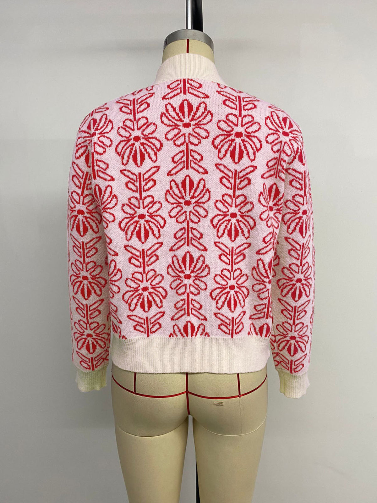 Retro Floral Jacquard Mock Neck Sweater - Red - 2