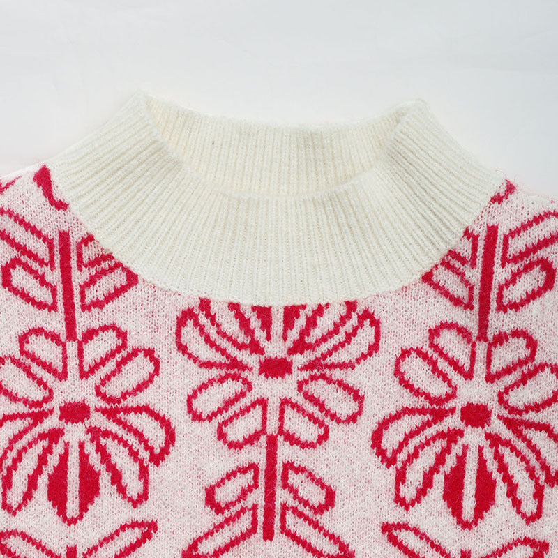 Retro Floral Jacquard Mock Neck Sweater - Red - 3
