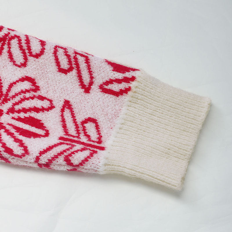 Retro Floral Jacquard Mock Neck Sweater - Red - 4