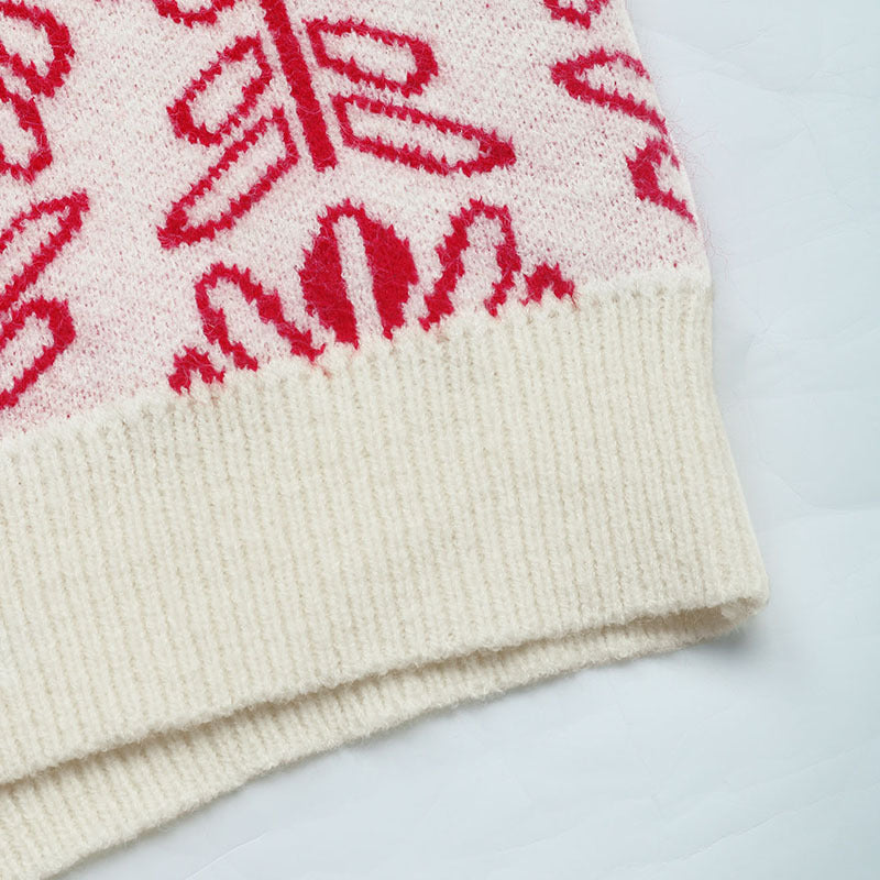 Retro Floral Jacquard Mock Neck Sweater - Red - 5