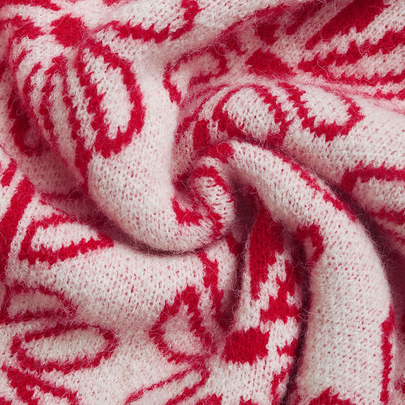 Retro Floral Jacquard Mock Neck Sweater - Red - 6