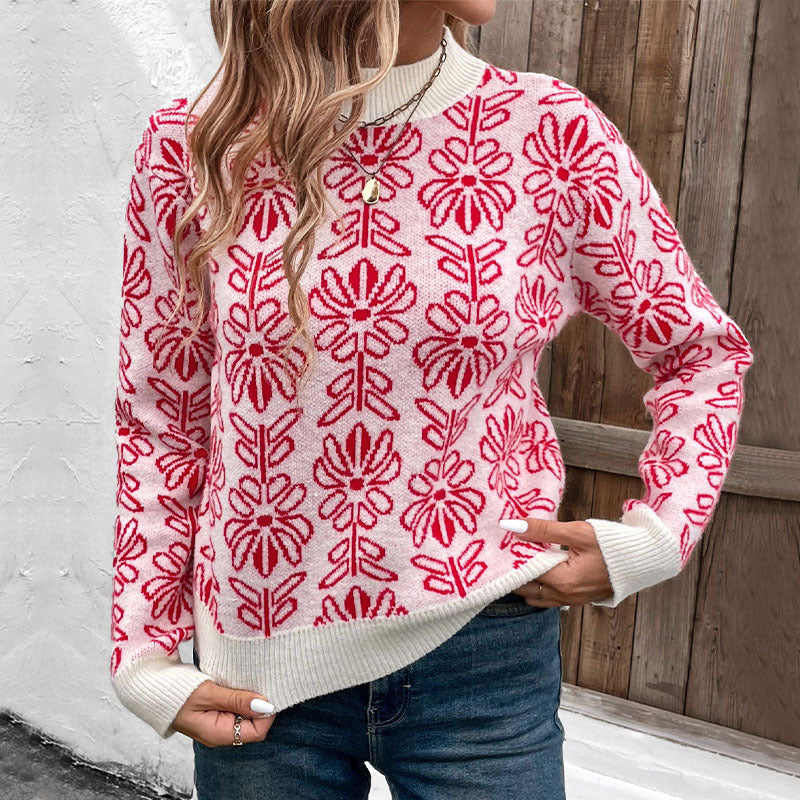Retro Floral Jacquard Mock Neck Sweater - Red - 7