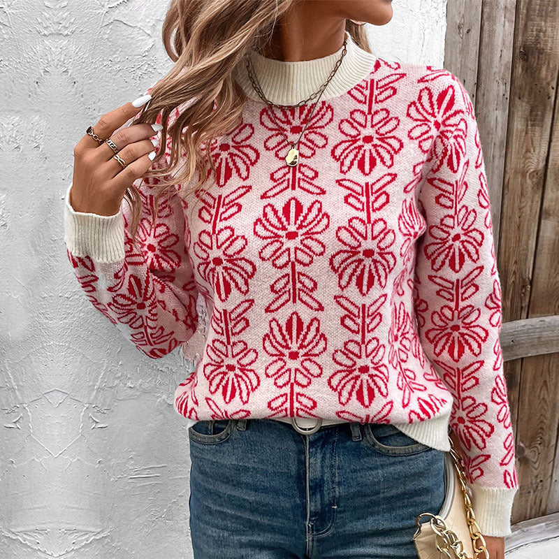 Retro Floral Jacquard Mock Neck Sweater - Red - 8