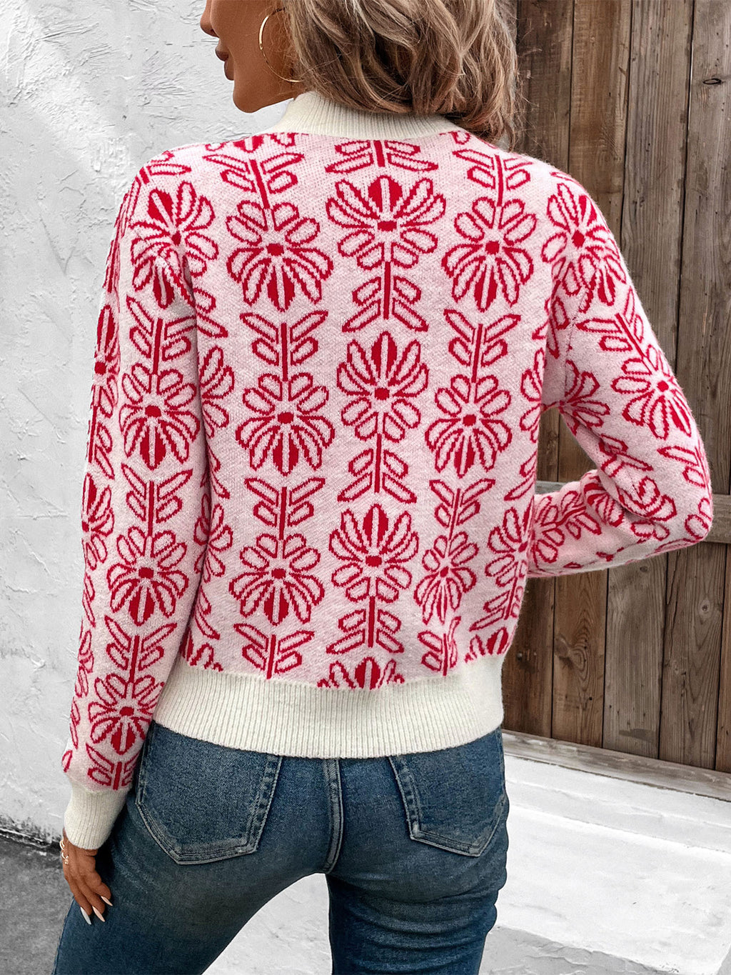 Retro Floral Jacquard Mock Neck Sweater - Red - 9