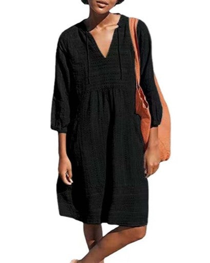 Textured Cotton V-Neck Pocket Midi Dress - Black