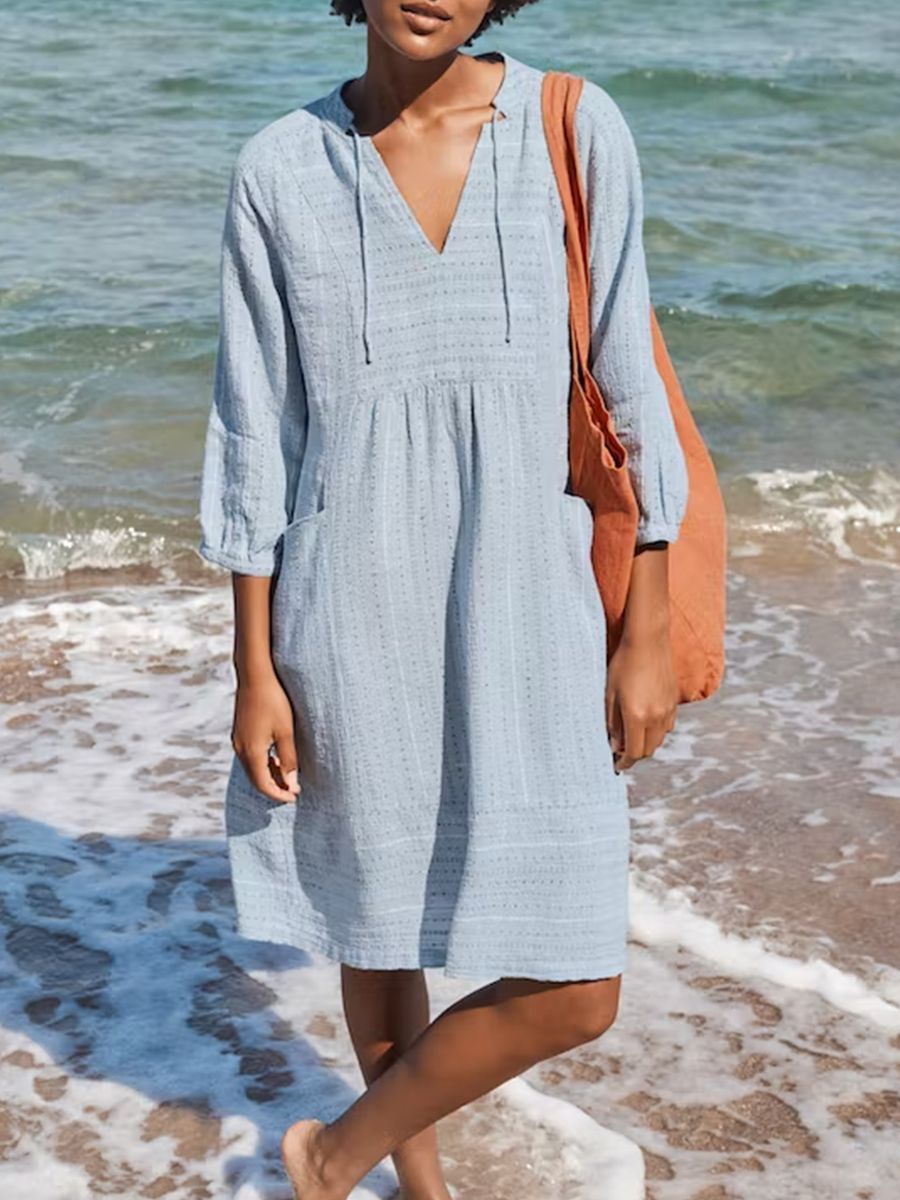 Textured Cotton V-Neck Pocket Midi Dress - Blue