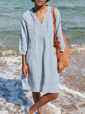 Textured Cotton V-Neck Pocket Midi Dress - Blue