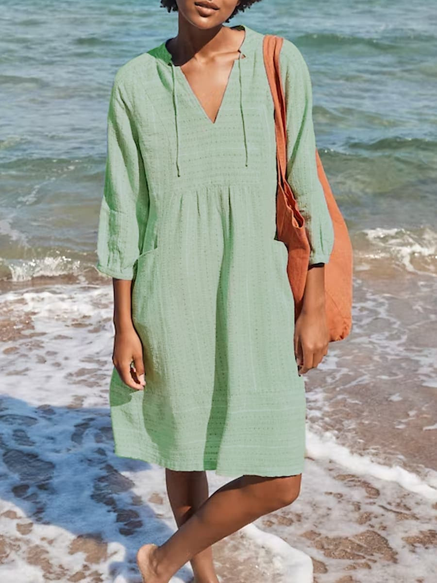 Textured Cotton V-Neck Pocket Midi Dress - Green