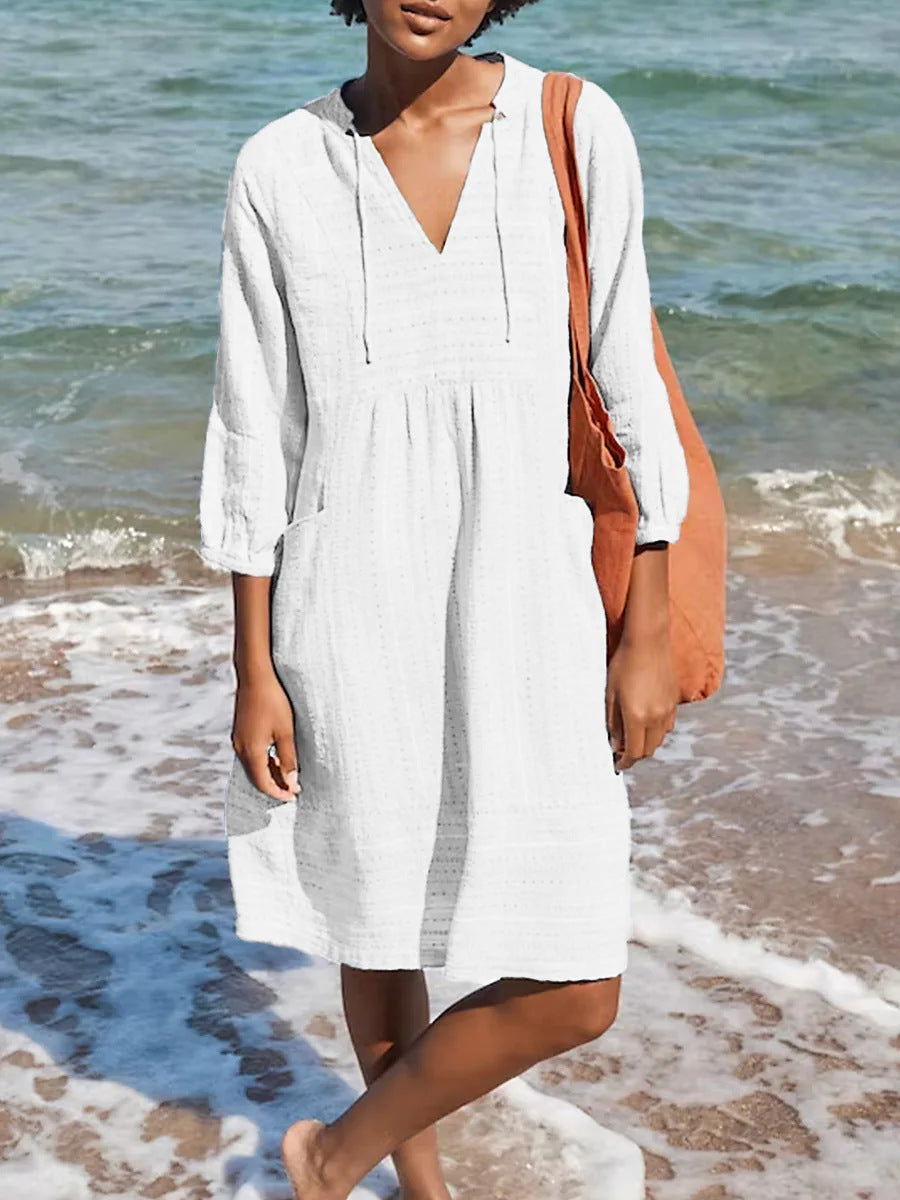 Textured Cotton V-Neck Pocket Midi Dress - White